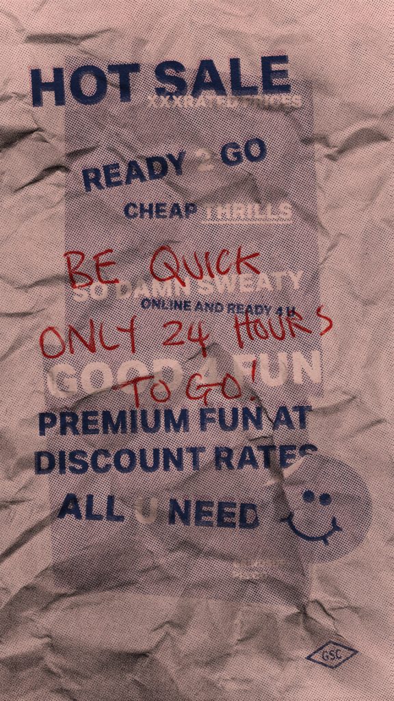 A sale graphic in a faux damaged style