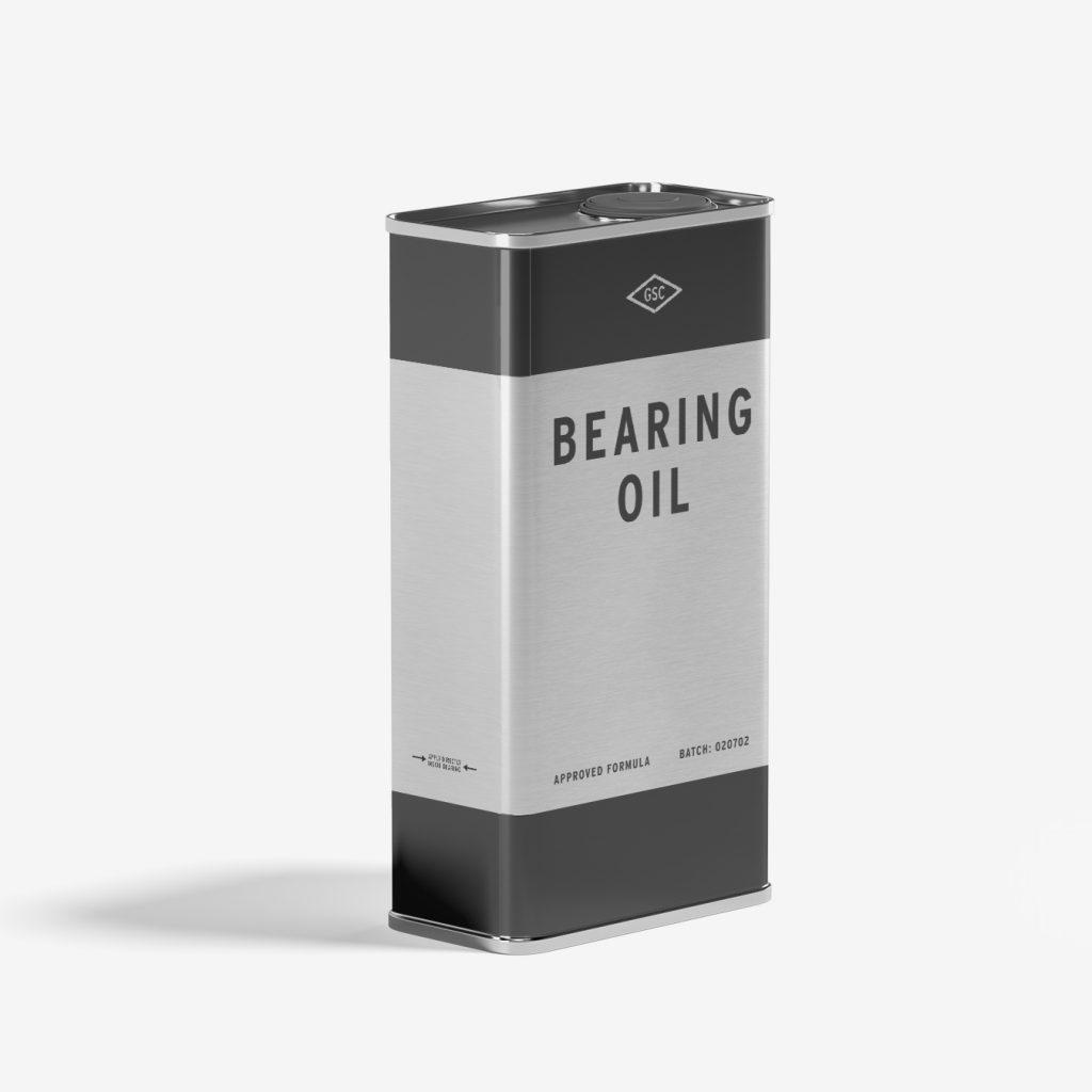 A mockup of an oil can with text saying bearing oil